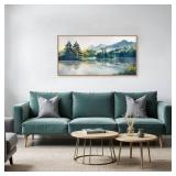 HPNIUB Large Green Mountain Framed Canvas Wall Art Set, Nature Foggy Forest Lake Reflection Wall Decor,Modern Pine Tree Artwork,Watercolor Landscape Art Print for Living Room,Bedroom,Office-20 x40