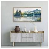 HPNIUB Large Green Mountain Framed Canvas Wall Art Set, Nature Foggy Forest Lake Reflection Wall Decor,Modern Pine Tree Artwork,Watercolor Landscape Art Print for Living Room,Bedroom,Office-20 x40