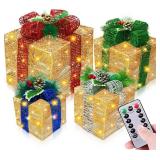 Super Large 12"-10"-8"-7" 4 Pack Lighted Gift Boxes Christmas Decorations 70 LED Timer 8 Modes Remote Battery Operated Gold Glitter Xmas Present Box Christmas Tree Decor Indoor Outdoor Home Yard