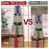 Super Large 12"-10"-8"-7" 4 Pack Lighted Gift Boxes Christmas Decorations 70 LED Timer 8 Modes Remote Battery Operated Gold Glitter Xmas Present Box Christmas Tree Decor Indoor Outdoor Home Yard