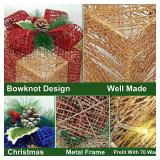 Super Large 12"-10"-8"-7" 4 Pack Lighted Gift Boxes Christmas Decorations 70 LED Timer 8 Modes Remote Battery Operated Gold Glitter Xmas Present Box Christmas Tree Decor Indoor Outdoor Home Yard