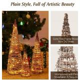 Lewondr Christmas Cone Trees, Set of 3 Christmas Tree with Lights and Winding Rattan Vine(24"/18"/12"), Battery Powered Decorative Cone Christmas Tree Cone Light for Home Holiday Xmas D cor, Natural