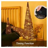 Lewondr Christmas Cone Trees, Set of 3 Christmas Tree with Lights and Winding Rattan Vine(24"/18"/12"), Battery Powered Decorative Cone Christmas Tree Cone Light for Home Holiday Xmas D cor, Natural