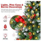 Retails for $110! 6FT Pre Lit Artificial Christmas Tree with Remote, 847 Branch Tips, 300 Lights, 52 Pine Cones, 52 Red Berries, Metal Stand for Home, Party, Holiday, Christmas Decorations