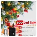 Retails for $110! 6FT Pre Lit Artificial Christmas Tree with Remote, 847 Branch Tips, 300 Lights, 52 Pine Cones, 52 Red Berries, Metal Stand for Home, Party, Holiday, Christmas Decorations