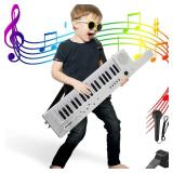 Digital Piano Keyboard 37 Keys, Portable Karaoke Keytar w/Microphone & Carry Strap, 4 Tones, 4 Rhythms, 10 Demo Songs, Rechargeable, Guitar Birthday Gift Toy for Boys Girls Kid Age 3+, White