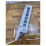 Digital Piano Keyboard 37 Keys, Portable Karaoke Keytar w/Microphone & Carry Strap, 4 Tones, 4 Rhythms, 10 Demo Songs, Rechargeable, Guitar Birthday Gift Toy for Boys Girls Kid Age 3+, White