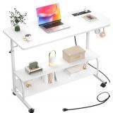 Retails for $110! Armocity Height Adjustable Standing Desk with Power Outlets, 39" Manual Stand Up Desk with Storage Shelves Small Mobile Rolling Computer Desk Portable Laptop Table with Wheels for Ho