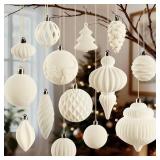 18Pcs Velvet Christmas Tree Ornaments Set, White Shatterproof Flocked Christmas Decorations Bulk for Tree, Classic Decorative Hanging Ball Ornaments for Xmas Holiday Home Party Decor