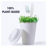 KTOB [50 pack] 12 oz Compostable Coffee Cups with Lids and Kraft Sleeves, Eco Friendly Disposable White Paper Cups Combo for Hot Beverage