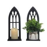 Birminwind Wall Candle Sconces for Pillar - Black Candle Holder for Wall Set of 2 - Gothic Wood Carved Shelf for Plant - Rustic Window Shape Decor for Bathroom Hallway Fireplace