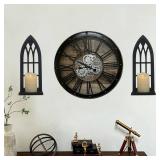 Birminwind Wall Candle Sconces for Pillar - Black Candle Holder for Wall Set of 2 - Gothic Wood Carved Shelf for Plant - Rustic Window Shape Decor for Bathroom Hallway Fireplace