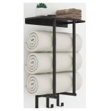 Towel Racks for Bathroom, Bathroom Towel Rack Wall Mounted with Metal Shelf and 3 Hooks for Small Bathroom, Black