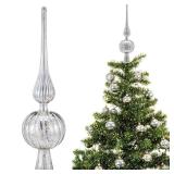 Gejoy Mercury Glass Finial Christmas Tree Topper 12 Inches Vintage Spherical Xmas Tree Topper Mid Century Christmas Ornament for Home Xmas Holiday Party Decorations(Sliver)