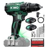KIMO 20V Cordless Drill Set with 2 Packs 2.0Ah Battery, Max 350 In-lb Torque, 1350 RPM, 3/8\" Keyless Chuck, 18+2 Clutch Setting, 18pcs Accessories, Power Drill for Drilling Wood Bricks Walls Metal