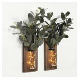 Heiple 2 Pack Wood Glass Wall Sconces, Farmhouse Planters for Indoor Plants, Rustic Decor for Living Room, Hanging Vase (Brown)