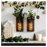 Heiple 2 Pack Wood Glass Wall Sconces, Farmhouse Planters for Indoor Plants, Rustic Decor for Living Room, Hanging Vase (Brown)
