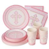 Royal Bluebonnet Pink Baptism Plates and Napkins - Set of 24 First Holy Communion Party Supplies, Baptism Decorations for Girls, Easter Paper Plates and Napkins, Religious Confirmation Decorations