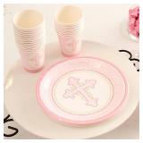 Royal Bluebonnet Pink Baptism Plates and Napkins - Set of 24 First Holy Communion Party Supplies, Baptism Decorations for Girls, Easter Paper Plates and Napkins, Religious Confirmation Decorations