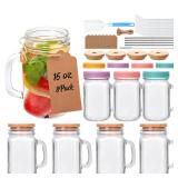 16 oz Mason Jar Cups with Handle,Mason Jar Cups with Lids and Straws,Set include glass straws, stainless steel straws, wooden lids, plastic lids,cup brush, straw brush,Hemp rope, tag 8pack