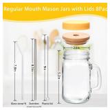 16 oz Mason Jar Cups with Handle,Mason Jar Cups with Lids and Straws,Set include glass straws, stainless steel straws, wooden lids, plastic lids,cup brush, straw brush,Hemp rope, tag 8pack