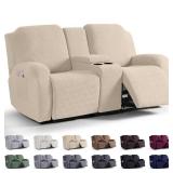 KinCam Loveseat Recliner Covers with Middle Console Slipcover, Recliner Sofa Covers 2 Seat Couch Cover Stripe Jacquard Furniture Protector Covers with Elastic Bottom for Kids, Pets (Vanilla)