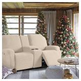 KinCam Loveseat Recliner Covers with Middle Console Slipcover, Recliner Sofa Covers 2 Seat Couch Cover Stripe Jacquard Furniture Protector Covers with Elastic Bottom for Kids, Pets (Vanilla)