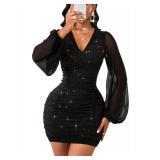 GothDark Womens Sexy Sequin Dress Mesh Mini Bodycon Sparkly V Neck Puff Sleeve Gothic Cocktail Party Club Ruched Outfits Black S