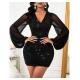 GothDark Womens Sexy Sequin Dress Mesh Mini Bodycon Sparkly V Neck Puff Sleeve Gothic Cocktail Party Club Ruched Outfits Black S