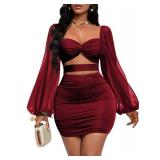 GothDark Womens Sexy Mesh Dress Bodycon Cut Out Puff Sleeve Ruched Party Club Homecoming Mini Dresses Red S
