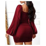 GothDark Womens Sexy Mesh Dress Bodycon Cut Out Puff Sleeve Ruched Party Club Homecoming Mini Dresses Red S