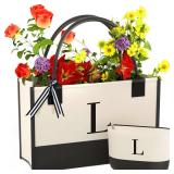 OATALY Monogrammed Canvas Tote Bag with Zipper Pockets - Ideal Gift for Mom, Teacher, Sister