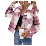Binshre Womens Plaid Shacket Jackets Fall Fashion 2022 Long Sleeve Button Down Flannel Shirt for Women Pink S US 4-6