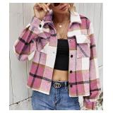 Binshre Womens Plaid Shacket Jackets Fall Fashion 2022 Long Sleeve Button Down Flannel Shirt for Women Pink S US 4-6