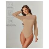 Avidlove Mesh Bodysuit Long Sleeve Body Suits Womens Mock Neck Dressy Bodysuits Thong Slimming Body Suit S