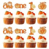Gyufise 24Pcs Pumpkin One Cupcake Toppers Glitter Pumpkin 1st Birthday Cupcake Picks for Fall Theme Baby Shower Kids First Birthday Party Cake Decorations Supplies Orange