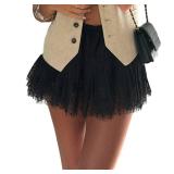Women Lace Mini Skirt Ruffle Pleated Slip Layering Bottoms Y2k Flowy Short Skirts Streetwear (US, Alpha, Large, Regular, Regular, Black)