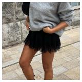 Women Lace Mini Skirt Ruffle Pleated Slip Layering Bottoms Y2k Flowy Short Skirts Streetwear (US, Alpha, Large, Regular, Regular, Black)