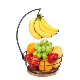 Livabber Countertop Fruit Basket Bowl with Banana Hanger, Modern Standing Fruit Vegetable Bowl Storage, with Banana Tree Holder for Kitchen Dinning Table (Round Wood, Black)