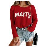 OCURHU Christmas Long Sleeve Shirts for Women Merry Christmas Sweater Cute Xmas Holiday Graphic Pullover Tops A-Red M