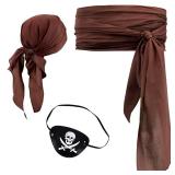 CosInStyle Pirate Halloween Costume, 3 Pcs Set with Head Scarf, Bandana Belt Waist Sash, Eye Patch for Halloween Costumes Cosplay (Brown)