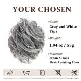 CJL HAIR Large Messy Bun Hair Piece Wavy Curly Scrunchies Synthetic Chignon Ponytail Hair Extensions Thick Updo Hairpieces for Women Salt and Pepper