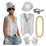 Kids Dance Hip Hop Jazz Costume Boys Sequin Vest Hat Sunglasses Set for Dance Party 6-7 Years Silvery