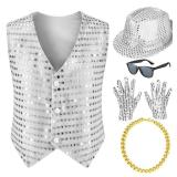 Kids Dance Hip Hop Jazz Costume Boys Sequin Vest Hat Sunglasses Set for Dance Party 6-7 Years Silvery