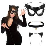 Sratte 3 Pcs Halloween Cat Masks Costume for Woman Include Cat Face Eye Masquerade Mask Black Ear Headband Bell Collar for Cosplay Costumes Dress up Theme Party Favors Decorations