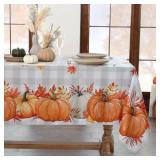 Softalker Fall Tablecloth Rectangle 52x70 Inch, Thanksgiving Autumn Harvest Pumpkin Buffalo Plaid Decoration Table Cloth, Stain Resistant Table Cover for Party/Dining/Holiday, Grey Checkered