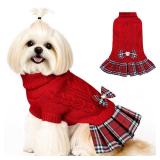 WOYYHO Small Dog Sweater Dress with Bowtie Dogs Winter Clothes Sweaters Pleated Skirts with Leash Hole Puppy Dog Girl Outift Pullover Knitwear Sweater for Dachshund French Bulldog Red L
