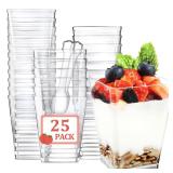 Eupako 25 Pack 5 OZ Plastic Mini Dessert Cups with Spoons - Clear Small Parfait Cups, Square Appetizer Cups for Fruit, Pudding, Mousse, Ice Cream, Party, Wedding, Valentine