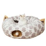 LUCKITTY Large Cat Tunnel Bed Under Christmas Tree with Fluffy Toy Balls, Small Cushion and Flexible Design- 10 inch Diameter, 3 ft Length- Great for Cats, and Small Dogs, Gray Geometric Figure