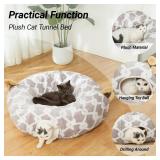 LUCKITTY Large Cat Tunnel Bed Under Christmas Tree with Fluffy Toy Balls, Small Cushion and Flexible Design- 10 inch Diameter, 3 ft Length- Great for Cats, and Small Dogs, Gray Geometric Figure